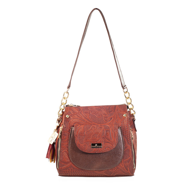 Bolso crossbody Amalia A Ángelozano de piel grabada tipo cincelado color Marrón