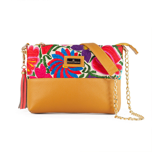 Bolso Crossbody Arena A Ángelozano Mostaza De Piel Medio Telar Artesanal