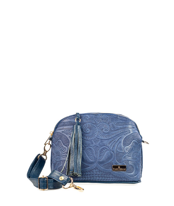 Bolso Crossbody A Ángelozano Modelo Selena Piel Grabada Tipo Cincelado Color Azul