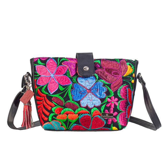 Bolso Crossbody A Ángelozano Modelo Lorena Piel Sintetico Con Telar Artesanal Color Negro