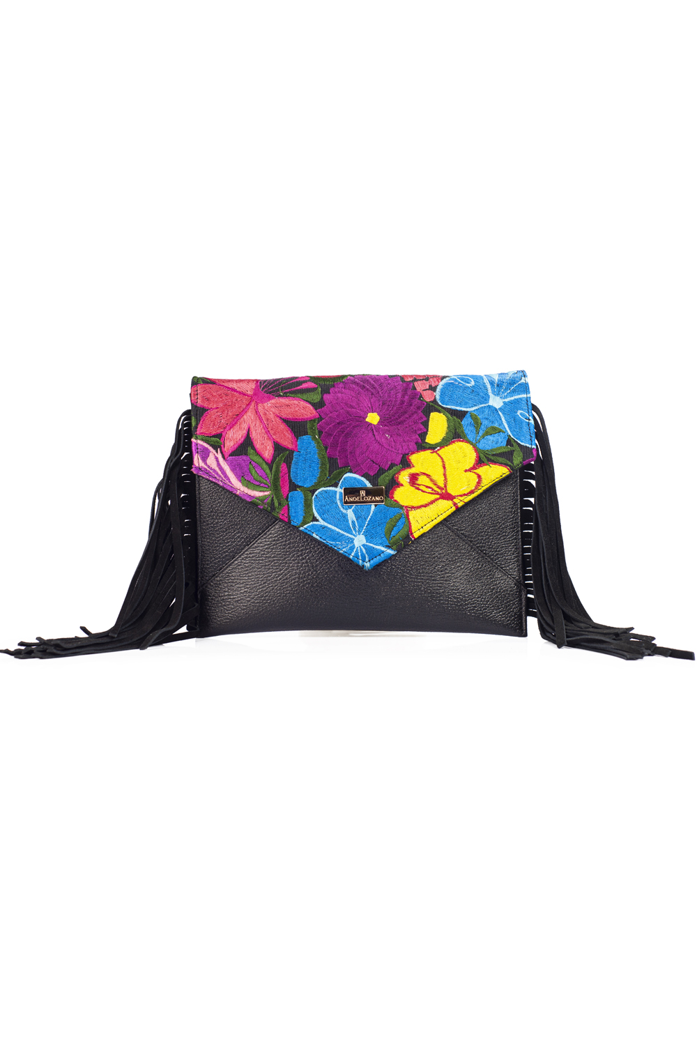 Foto 2 pulgar | Bolso Tipo Crossbody A Ángelozano Aurora color Negro de Piel Vacuna con Telar Artesanal Barbas