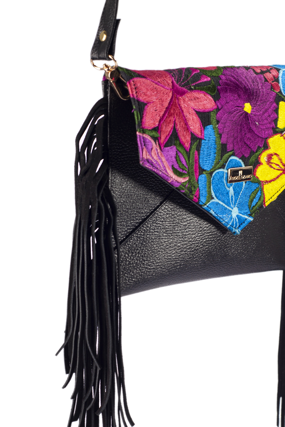 Foto 7 pulgar | Bolso Tipo Crossbody A Ángelozano Aurora color Negro de Piel Vacuna con Telar Artesanal Barbas
