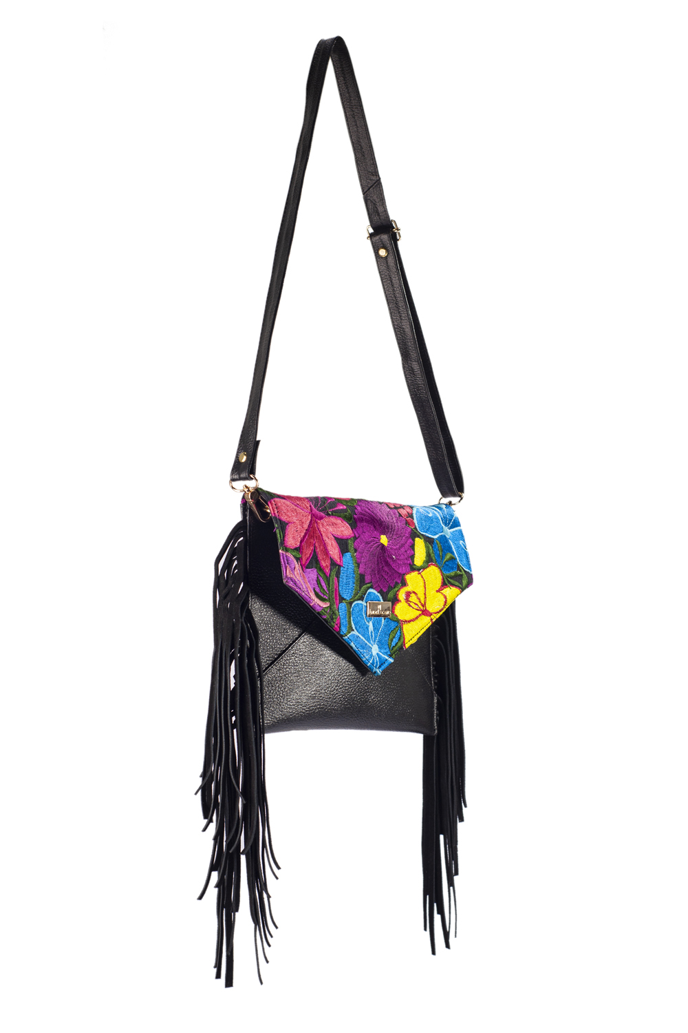 Foto 9 pulgar | Bolso Tipo Crossbody A Ángelozano Aurora color Negro de Piel Vacuna con Telar Artesanal Barbas