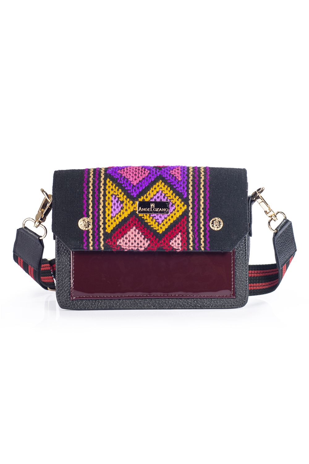Bolsa Crossbody A Ángelozano de Piel con Aplicación Charol y Telar Artesanal Geométrico