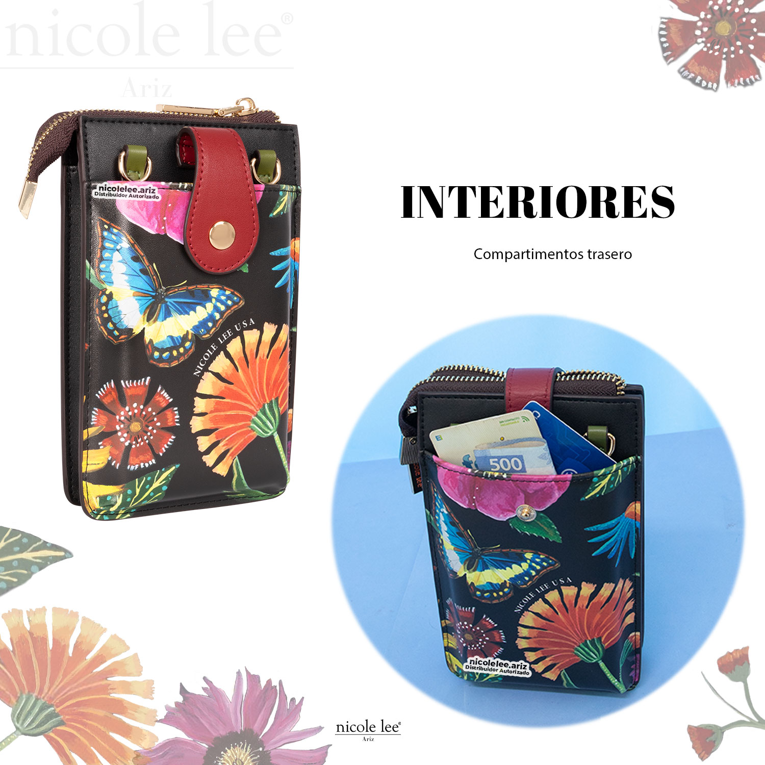 Foto 3 pulgar | Bolsa Portacelular Nicole Lee Kira Multicolor Butter-flower Black