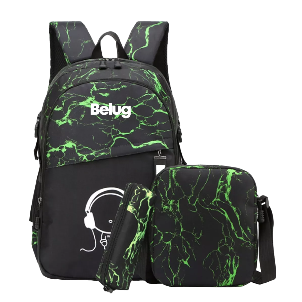 Set 3 Mochilas Luminosa Negra y Verde Gran Capacidad