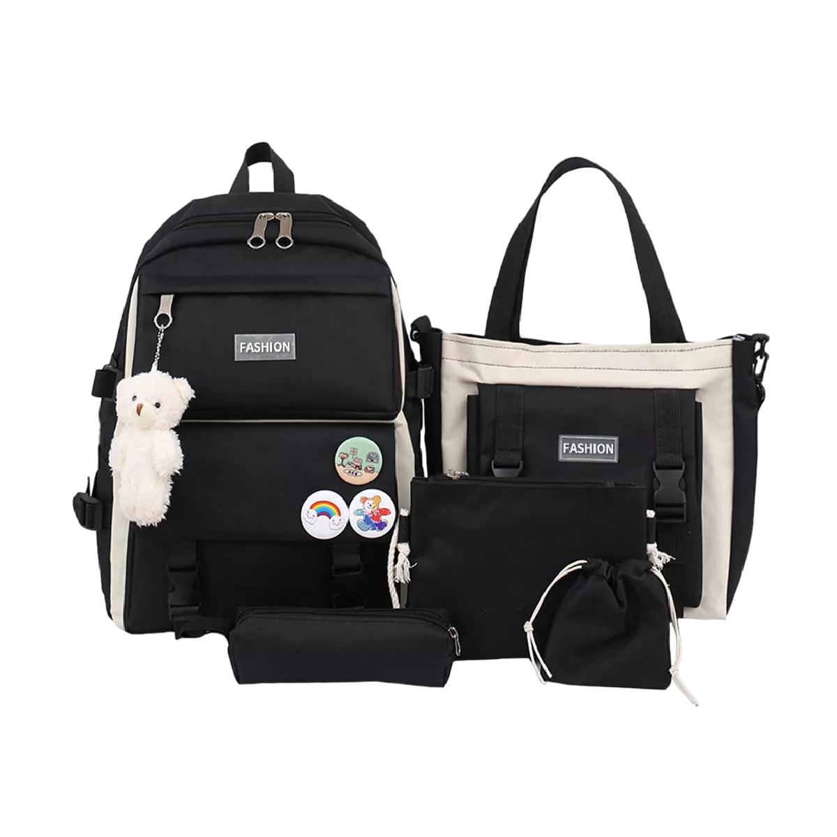 Set 5 Mochila Bolsas Escolar Estudiante Lapicera Tote Lona Negro