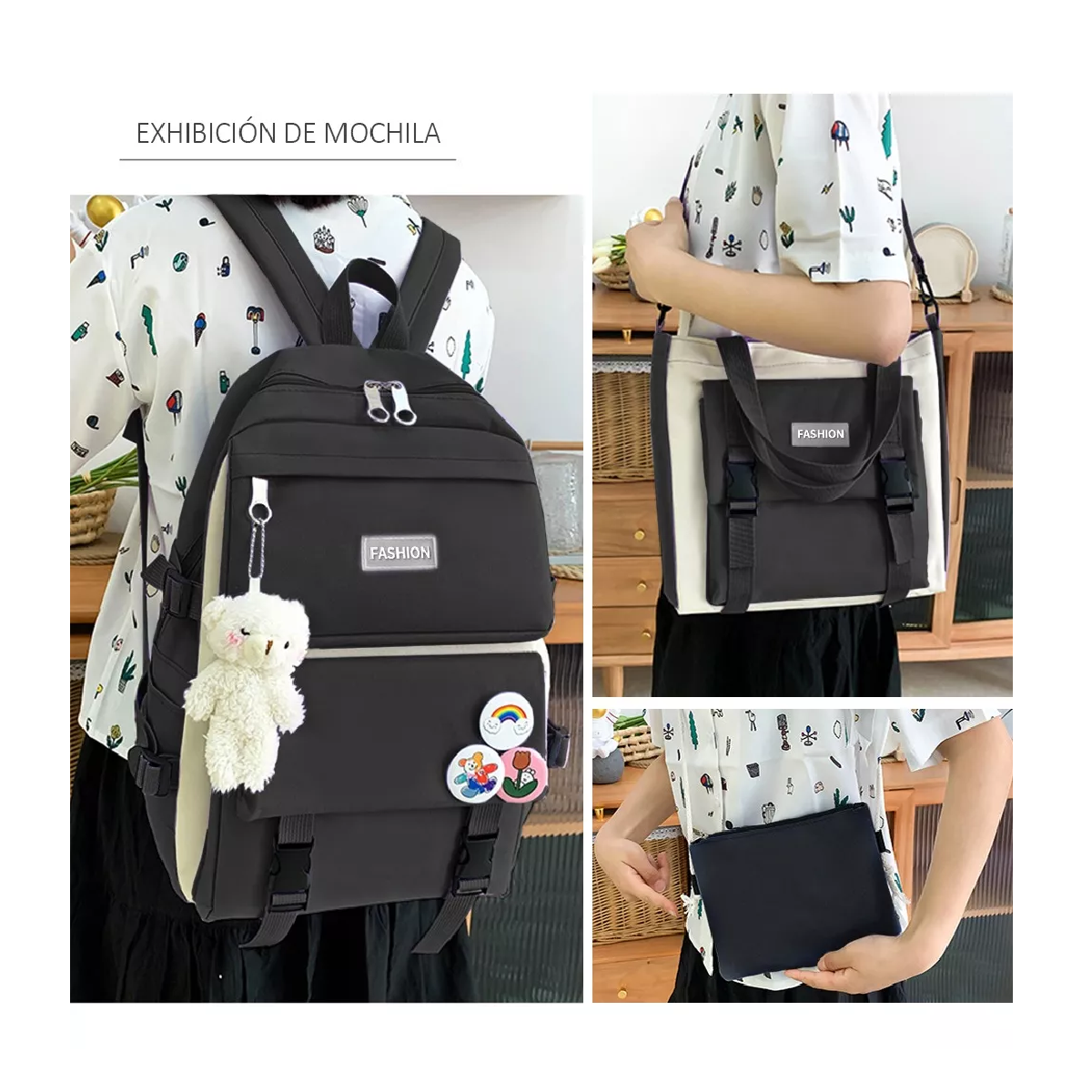 Foto 5 pulgar | Set 5 Mochila Bolsas Escolar Estudiante Lapicera Tote Lona Negro