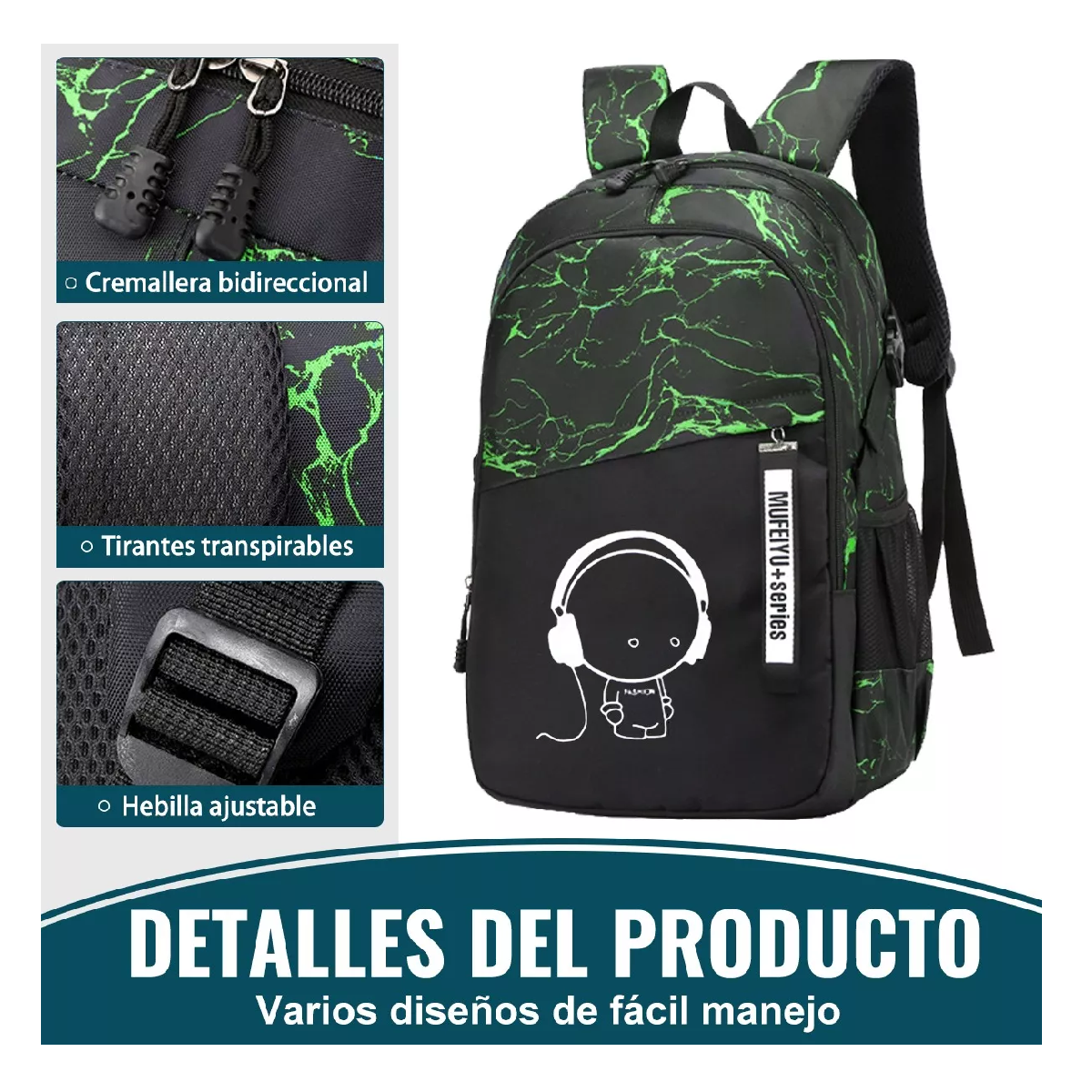 Foto 4 | Set 3 Mochila Antirrobo Laptop Mochila Luminosa Gran Capacid Negro Verde