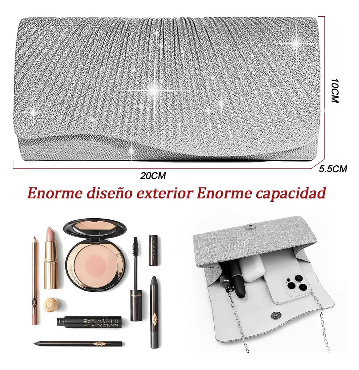 Foto 3 pulgar | Bolso De Noche Embrague Para Mujer De Fiesta Y Boda Plateado