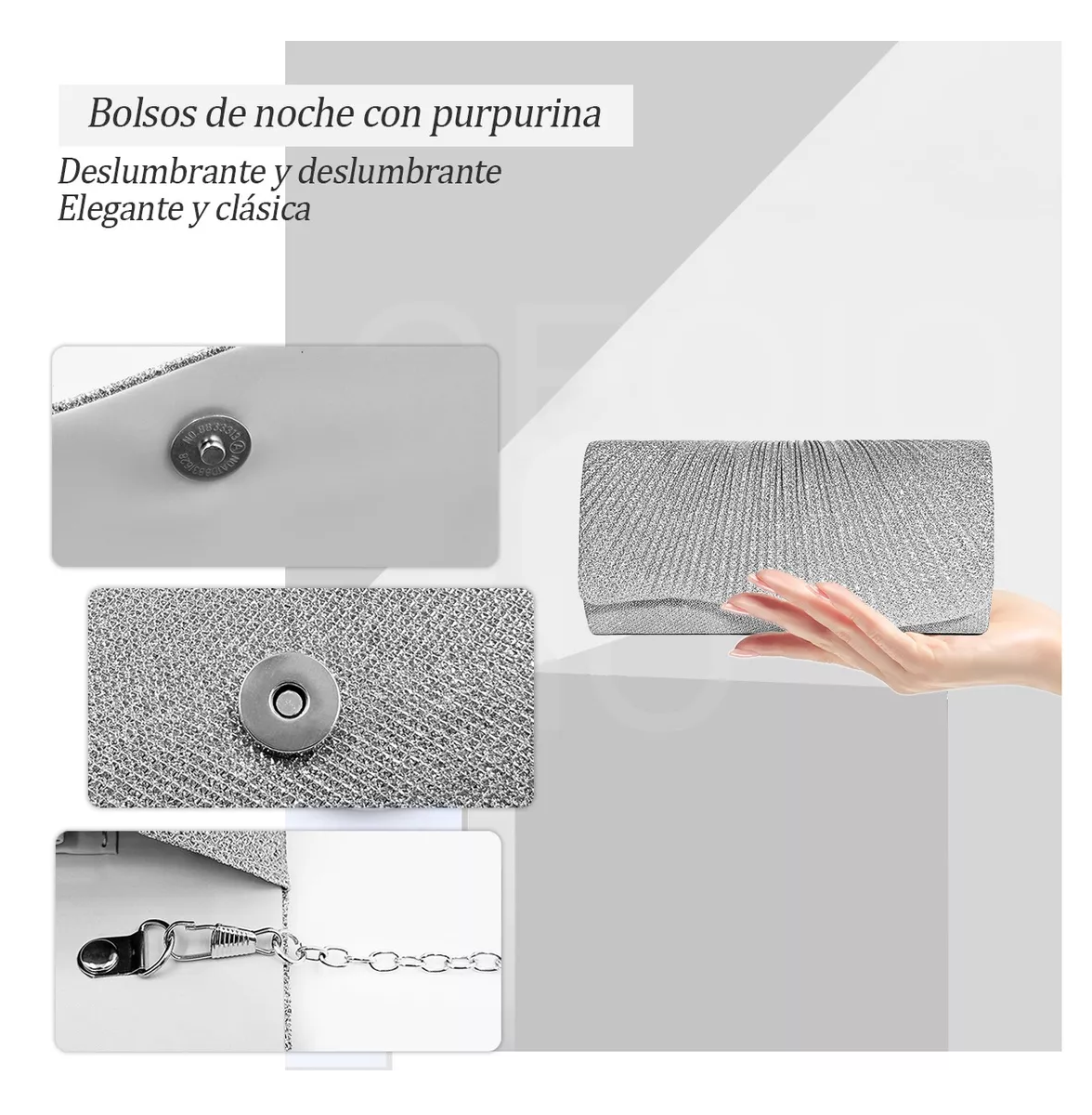 Foto 4 pulgar | Bolso De Noche Embrague Para Mujer De Fiesta Y Boda Plateado