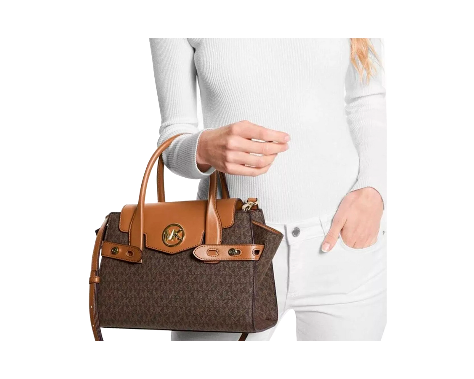 Foto 4 pulgar | Bolsa Michael Kors Carmen Medium Logo Belted Satchel 35s2gnms5b Color Café