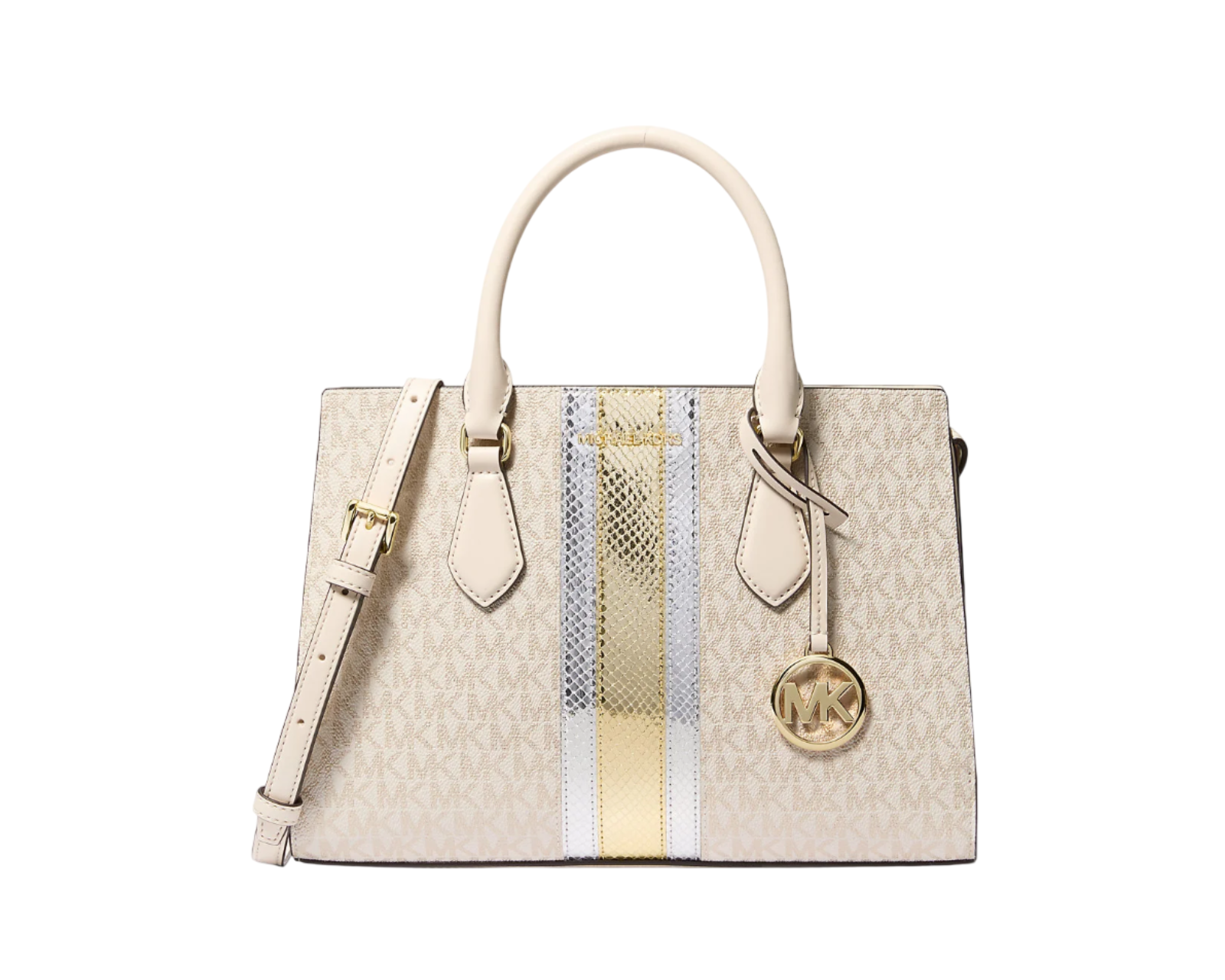 Foto 2 pulgar | Bolsa Michael Kors Sheila Medium Signature Logo And Metallic Satchel 35f4g6hs3v Beige