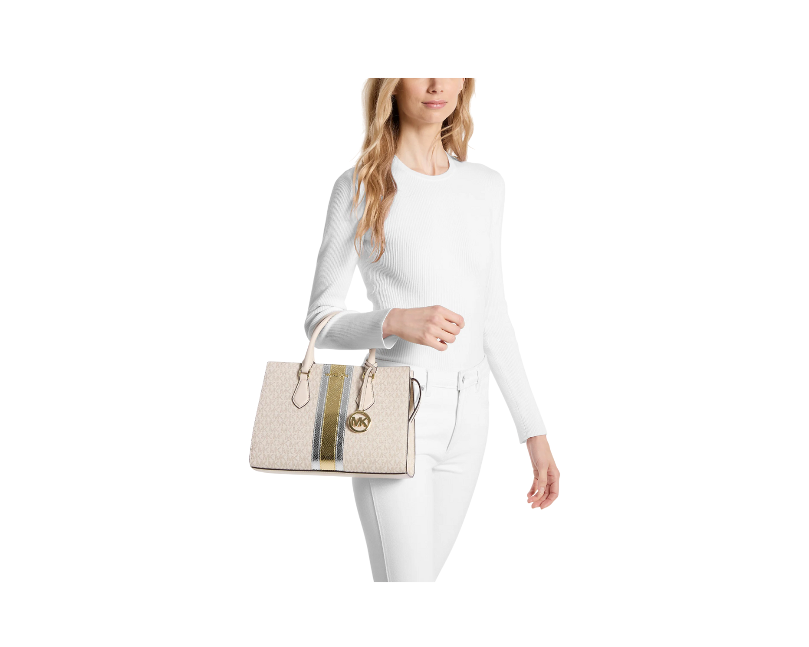 Foto 5 pulgar | Bolsa Michael Kors Sheila Medium Signature Logo And Metallic Satchel 35f4g6hs3v Beige