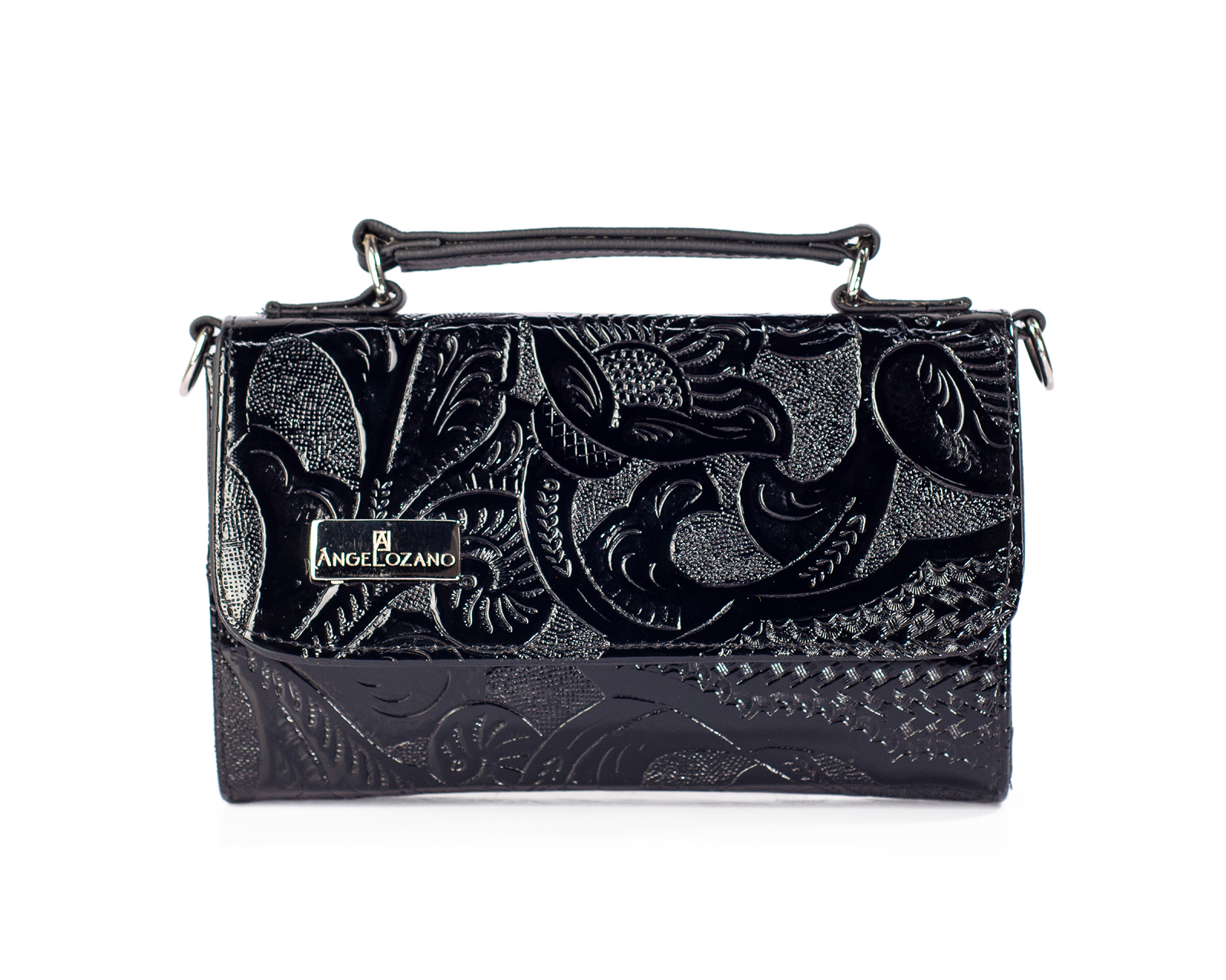 Bolso Crossbody de Piel A Ángelozano Lupita Negro con Grabado Tipo Cincelado