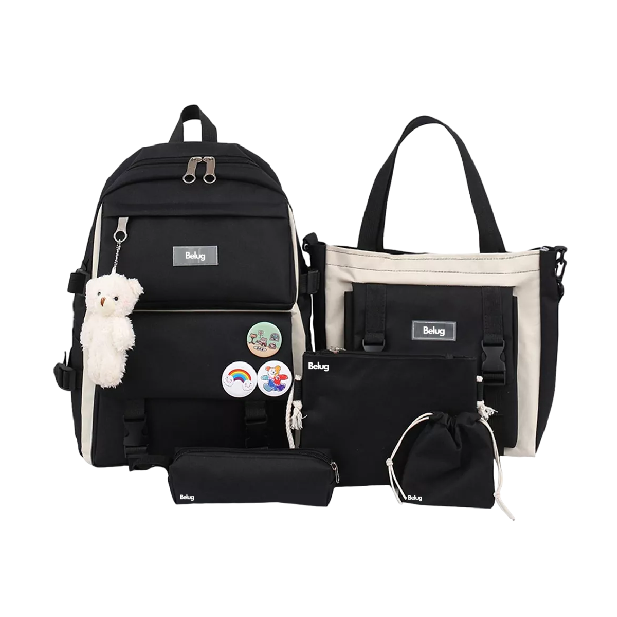 Foto 2 pulgar | Set 5 Mochila Belug Bolsas Escolar Estudiante Lapicera Tote Lona Negro