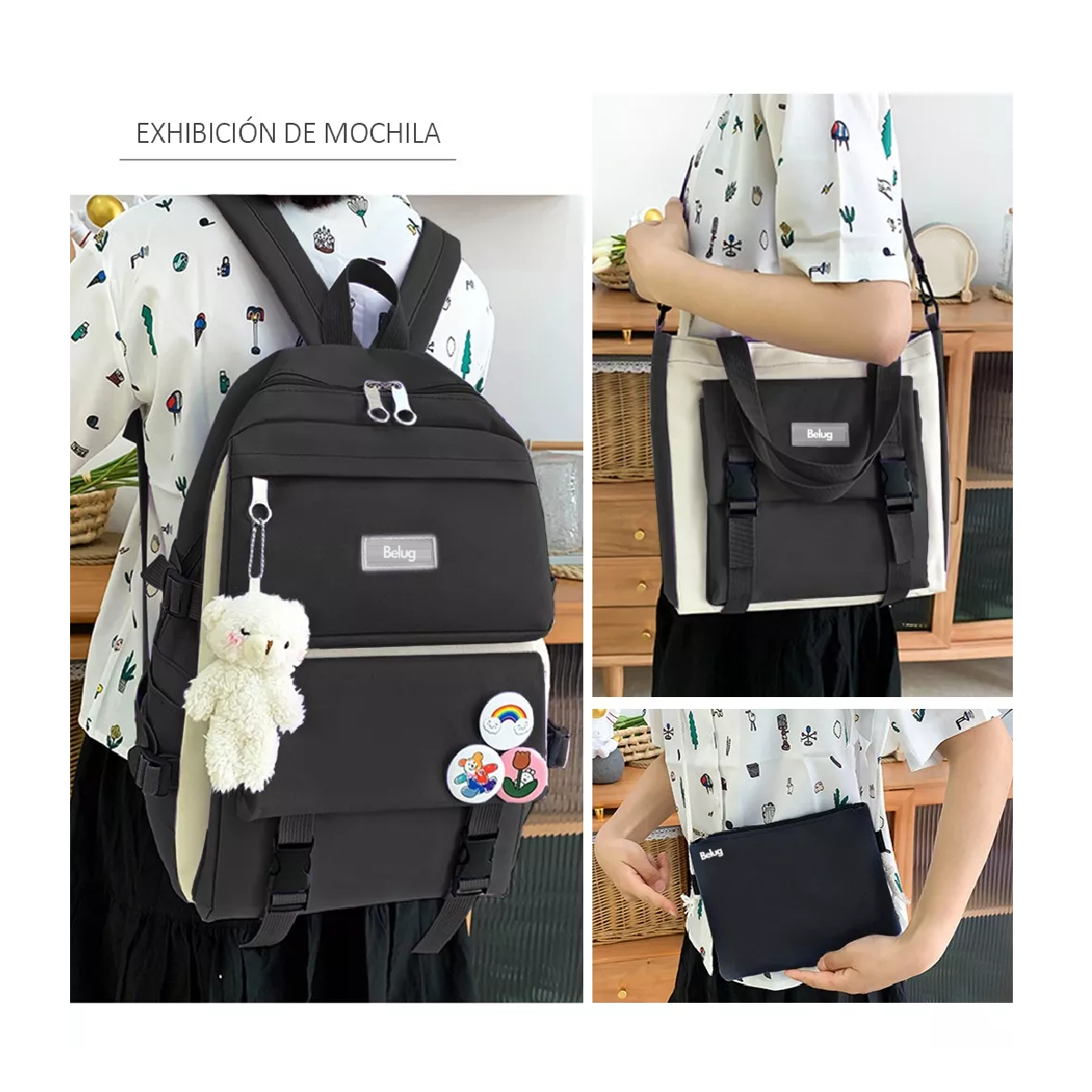 Foto 5 pulgar | Set 5 Mochila Belug Bolsas Escolar Estudiante Lapicera Tote Lona Negro