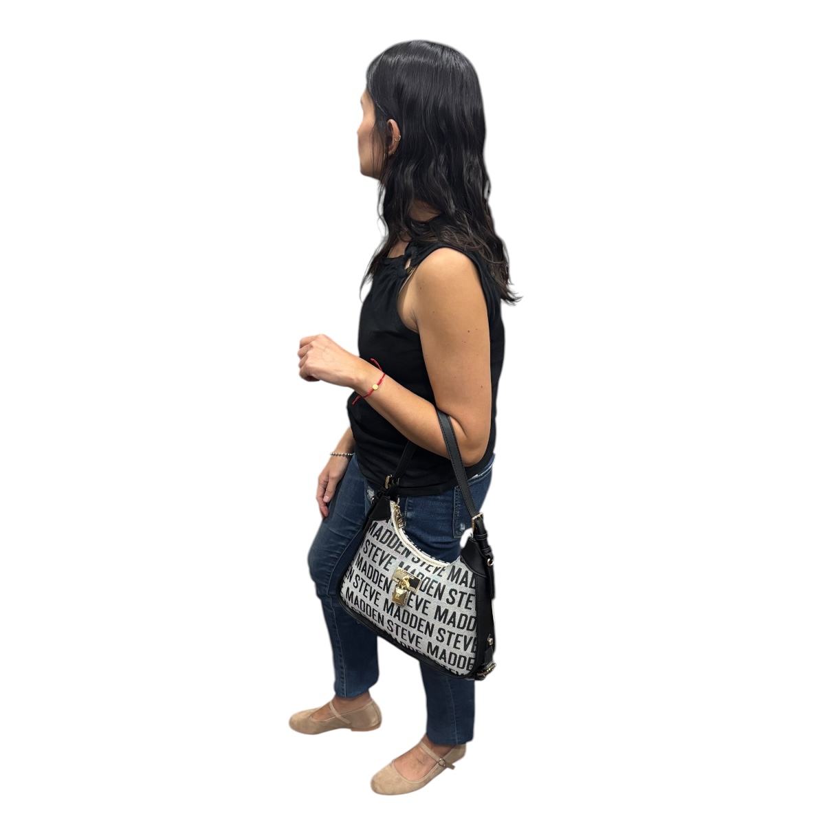 Foto 5 pulgar | Bolsa Shoulder Steve Madden Jacquard Color Gris Con Letras Negras