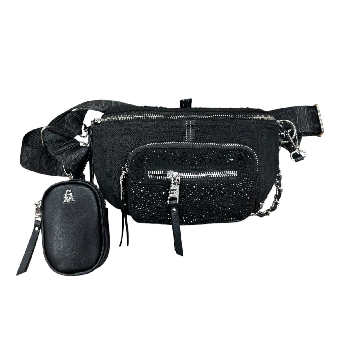 Foto 2 pulgar | Bolsa Tipo Canguerea Negra Para Mujer Steve Madden, Elaborado Con Textiles Y Brillantes Decorativos