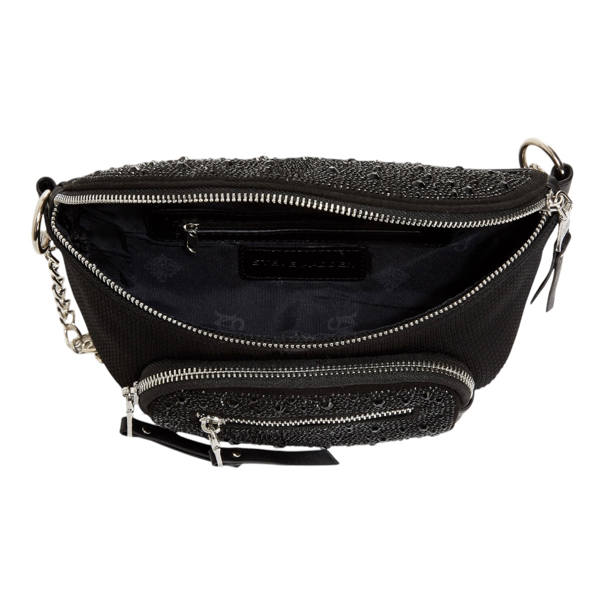 Foto 5 pulgar | Bolsa Tipo Canguerea Negra Para Mujer Steve Madden, Elaborado Con Textiles Y Brillantes Decorativos