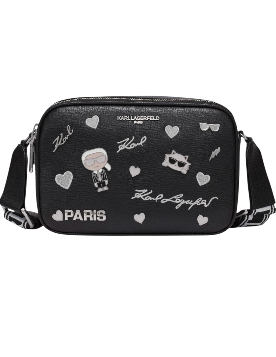 Bolsa Crossbody Negra Con Logos Metálicos Y Letras Bordados