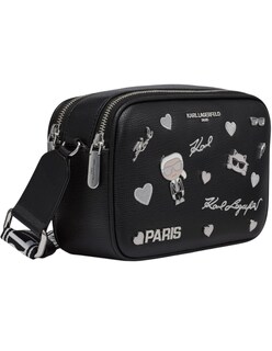 Foto 2 | Bolsa Crossbody Negra Con Logos Metálicos Y Letras Bordados