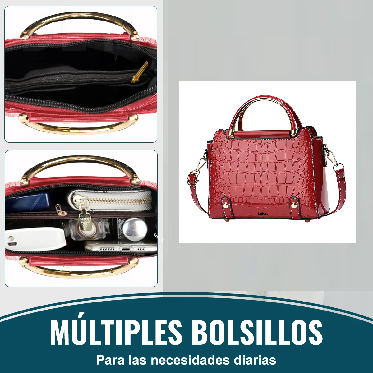 Foto 6 pulgar | Bolsa Bandolera Lab.g Mujer Moda Cartera Crossbody Tote Hombro Rojo