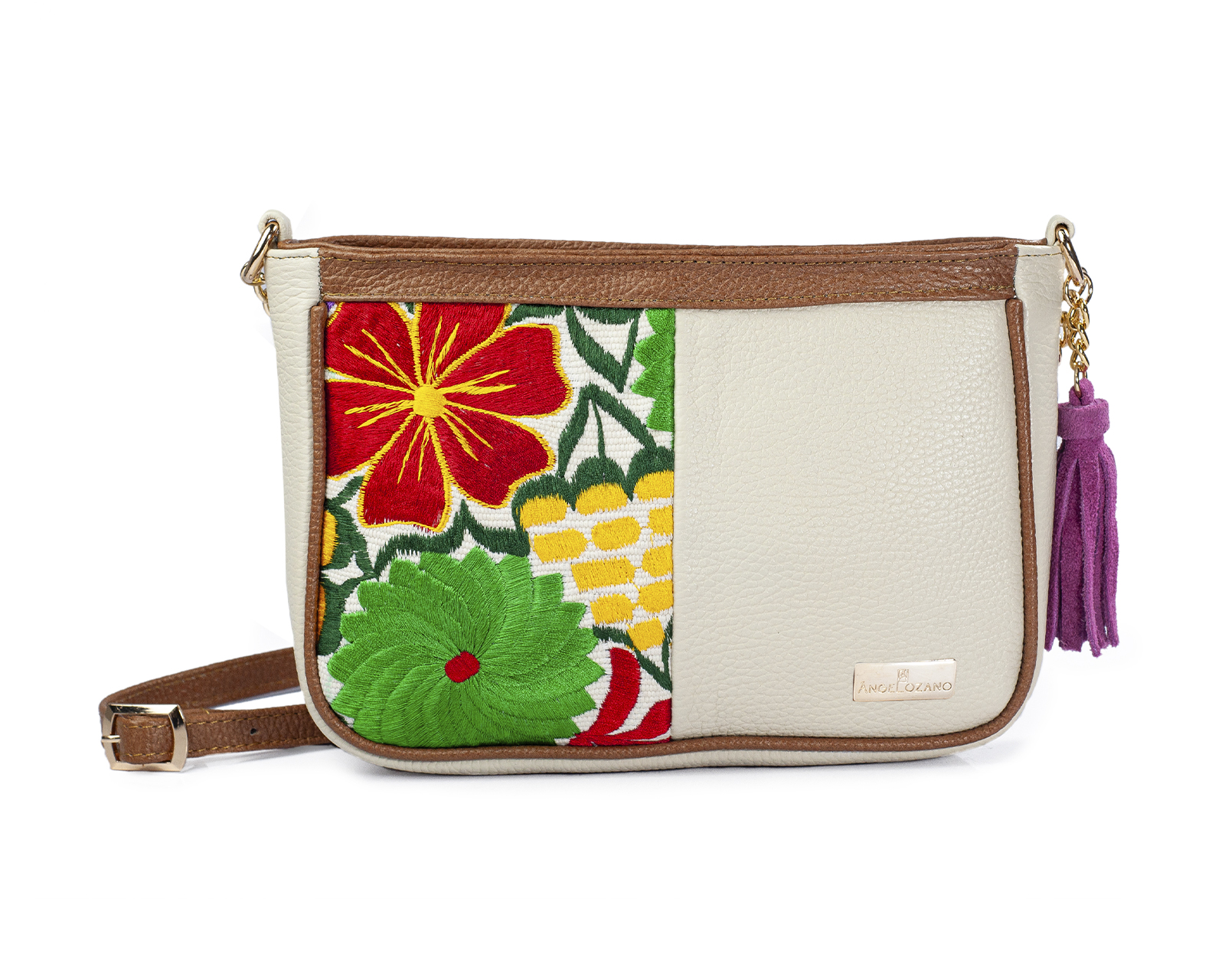 Foto 2 pulgar | Bolso Crossbody  A Ángelozano De Piel Vacuna Con Telar Artesanal, Color Hueso, Modelo Eva