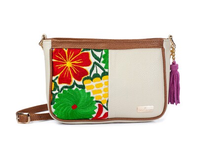 Foto 1 | Bolso Crossbody A Ángelozano De Piel Vacuna Con Telar Artesanal, Color Hueso, Modelo Eva