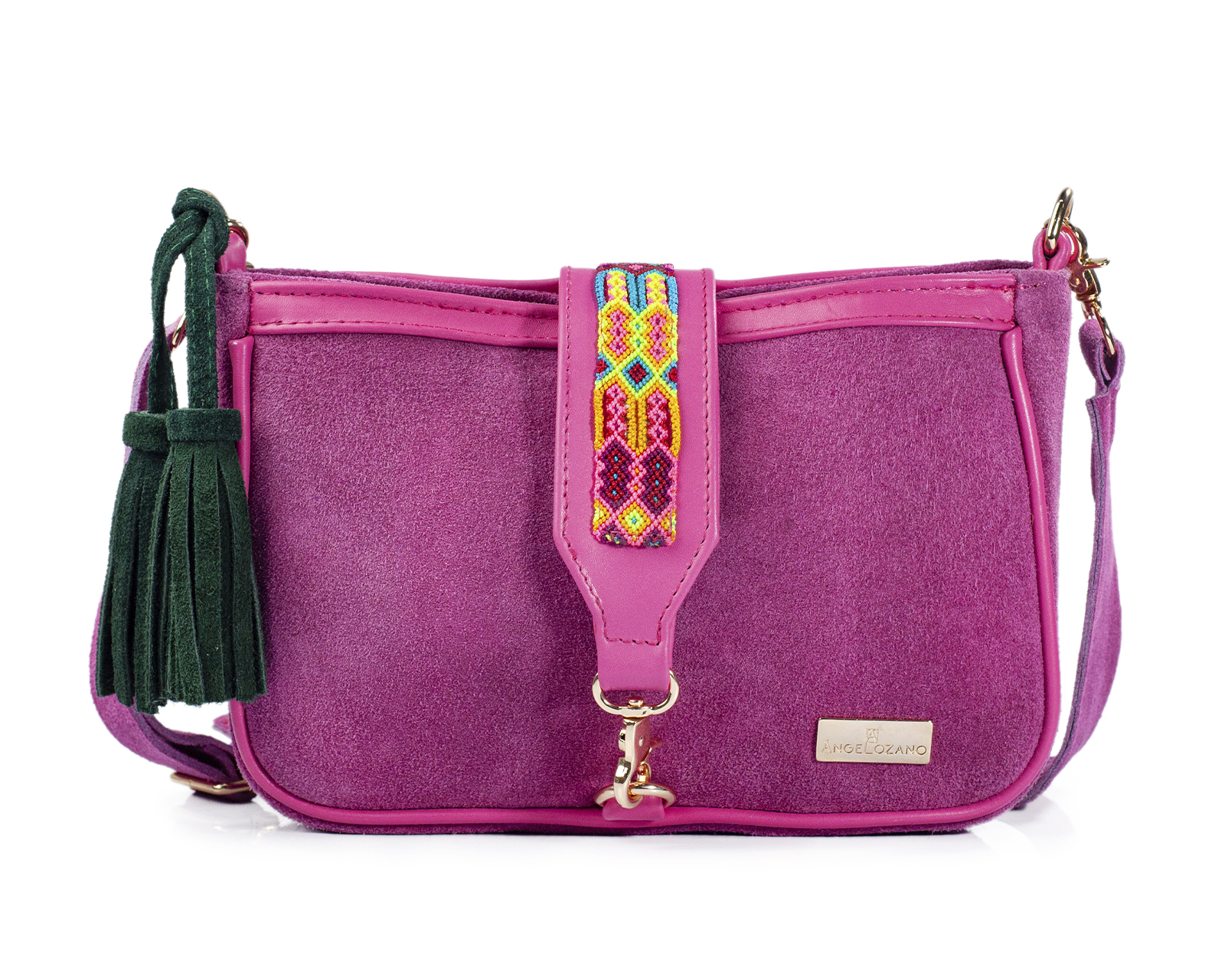 Foto 2 pulgar | Bolso Crossbody A Ángelozano De Piel Gamuza Con Pulsera Tejida Artesanal, Color Fucsia, Modelo Eva