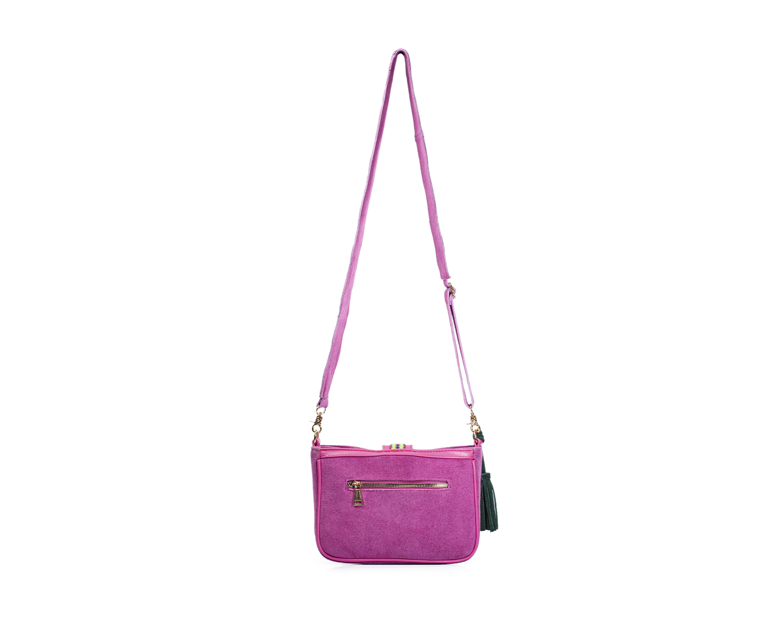 Foto 3 pulgar | Bolso Crossbody A Ángelozano De Piel Gamuza Con Pulsera Tejida Artesanal, Color Fucsia, Modelo Eva