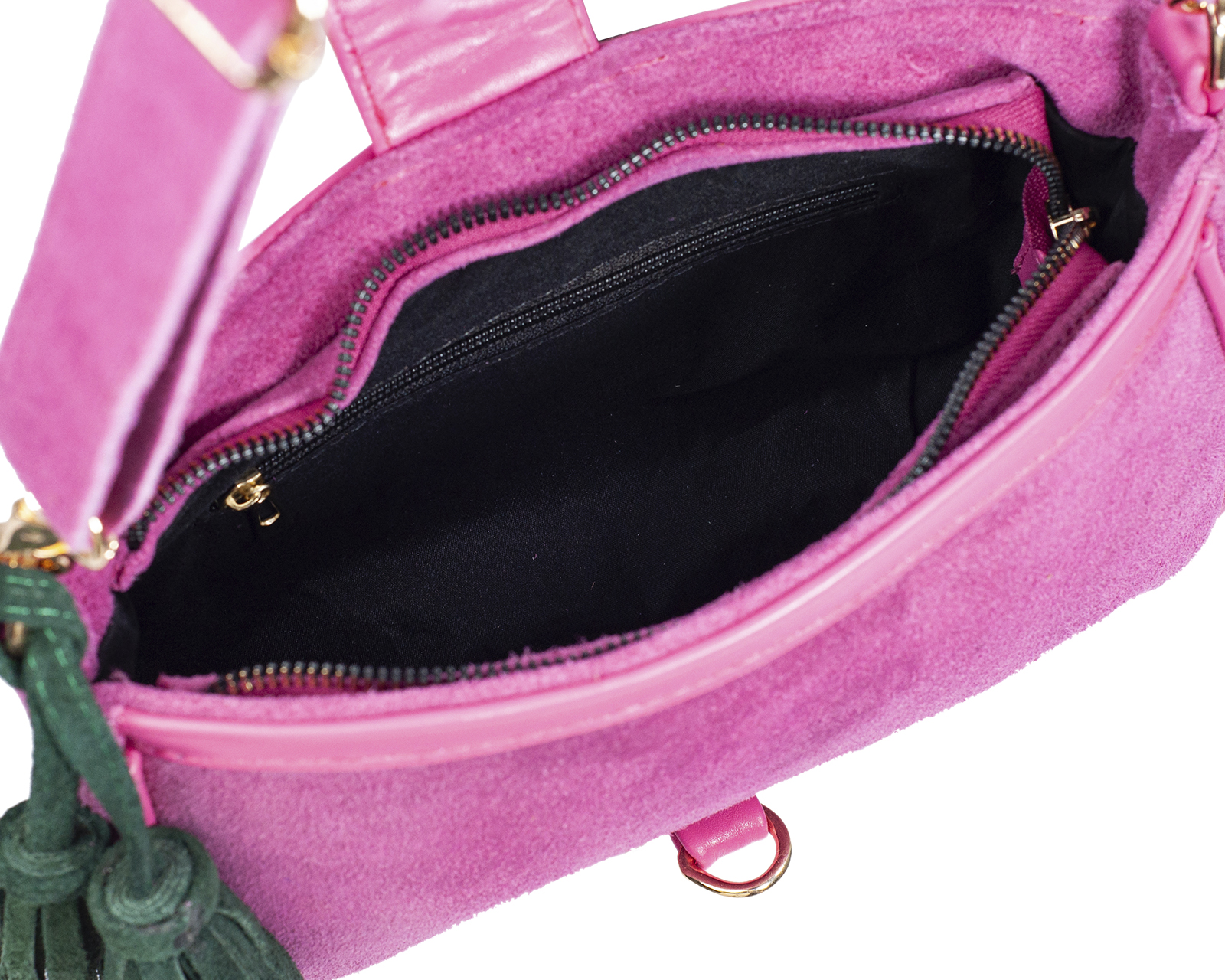 Foto 4 pulgar | Bolso Crossbody A Ángelozano De Piel Gamuza Con Pulsera Tejida Artesanal, Color Fucsia, Modelo Eva