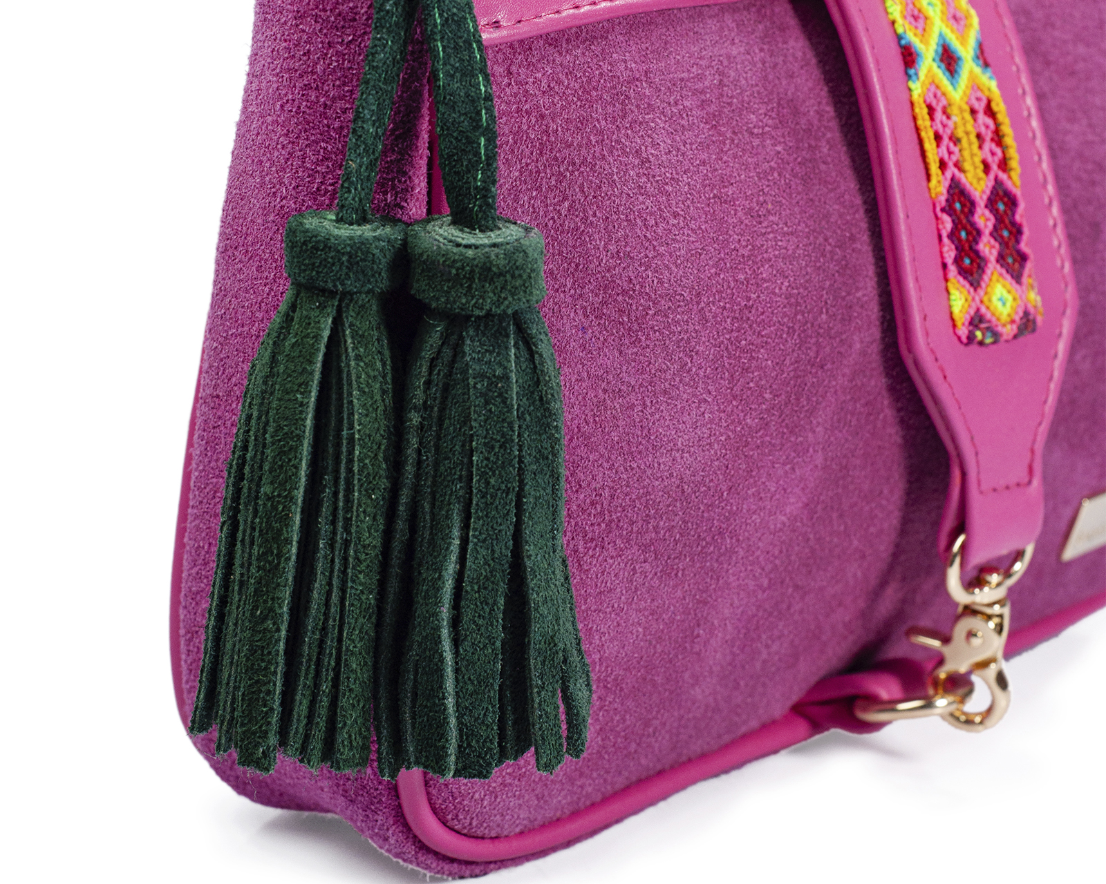 Foto 5 pulgar | Bolso Crossbody A Ángelozano De Piel Gamuza Con Pulsera Tejida Artesanal, Color Fucsia, Modelo Eva