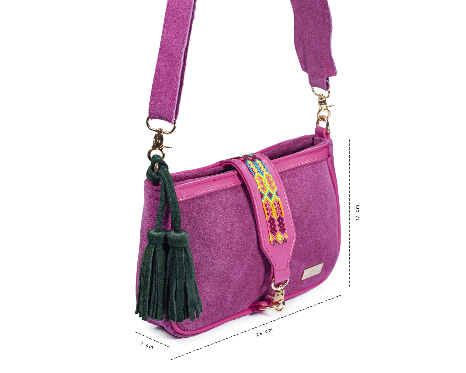 Foto 5 | Bolso Crossbody A Ángelozano De Piel Gamuza Con Pulsera Tejida Artesanal, Color Fucsia, Modelo Eva