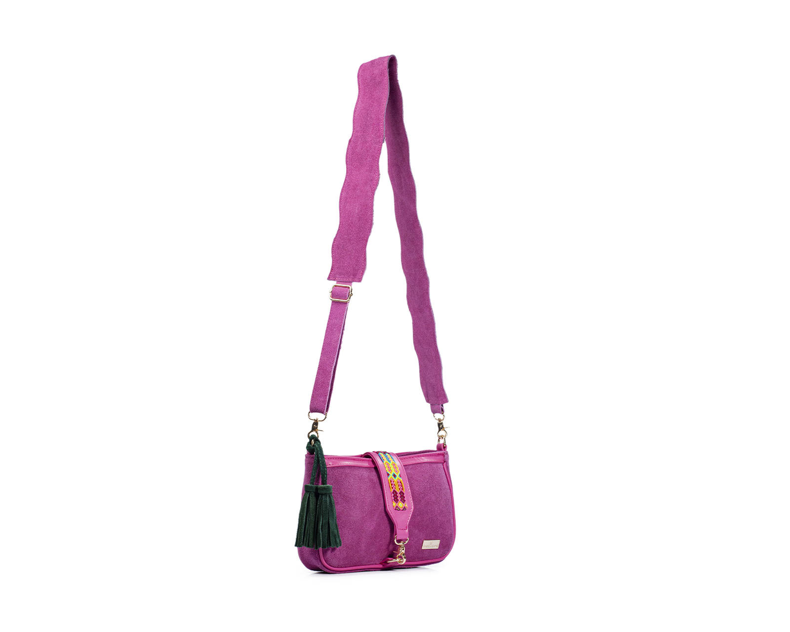 Foto 7 pulgar | Bolso Crossbody A Ángelozano De Piel Gamuza Con Pulsera Tejida Artesanal, Color Fucsia, Modelo Eva