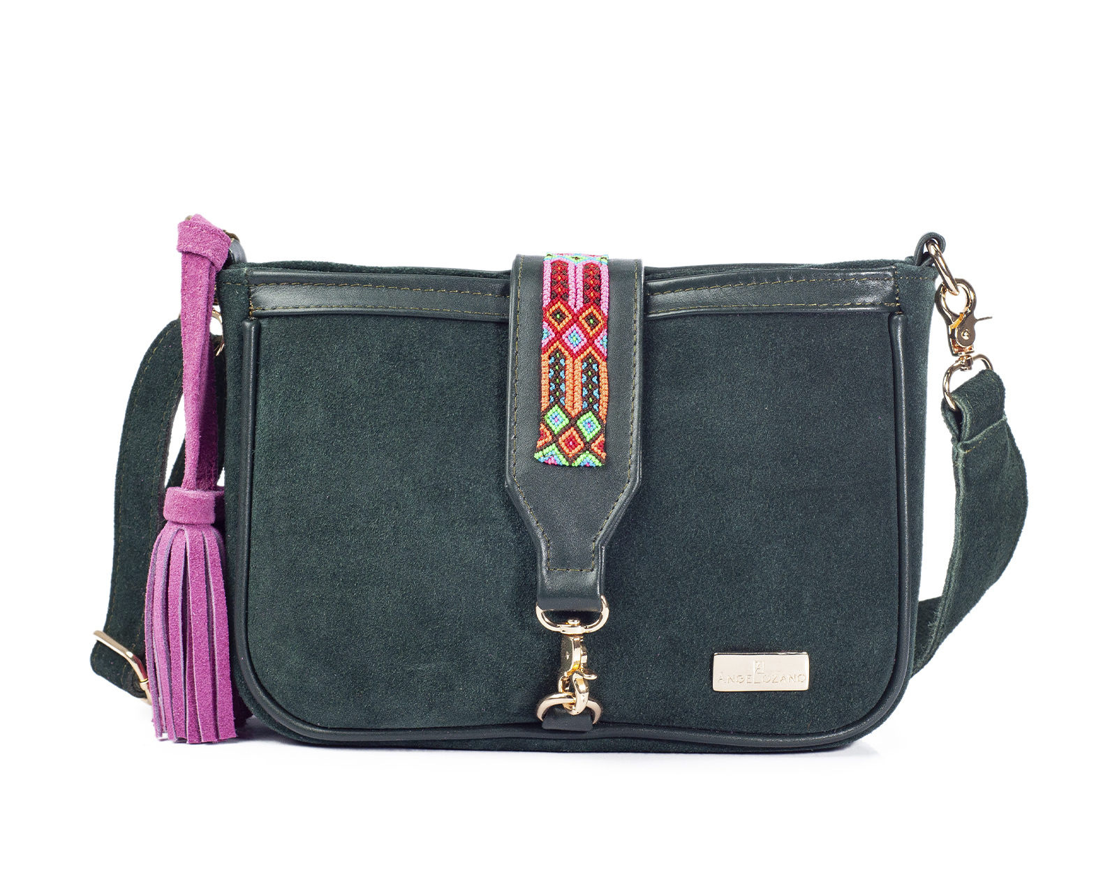 Foto 2 pulgar | Bolso Crossbody A Ángelozano De Piel Gamuza Con Pulsera Tejida Artesanal, Color Verde, Modelo Eva