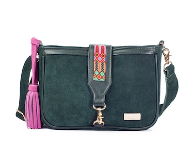 Foto 1 | Bolso Crossbody A Ángelozano De Piel Gamuza Con Pulsera Tejida Artesanal, Color Verde, Modelo Eva