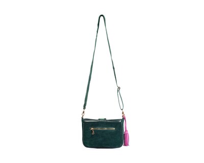 Foto 2 | Bolso Crossbody A Ángelozano De Piel Gamuza Con Pulsera Tejida Artesanal, Color Verde, Modelo Eva