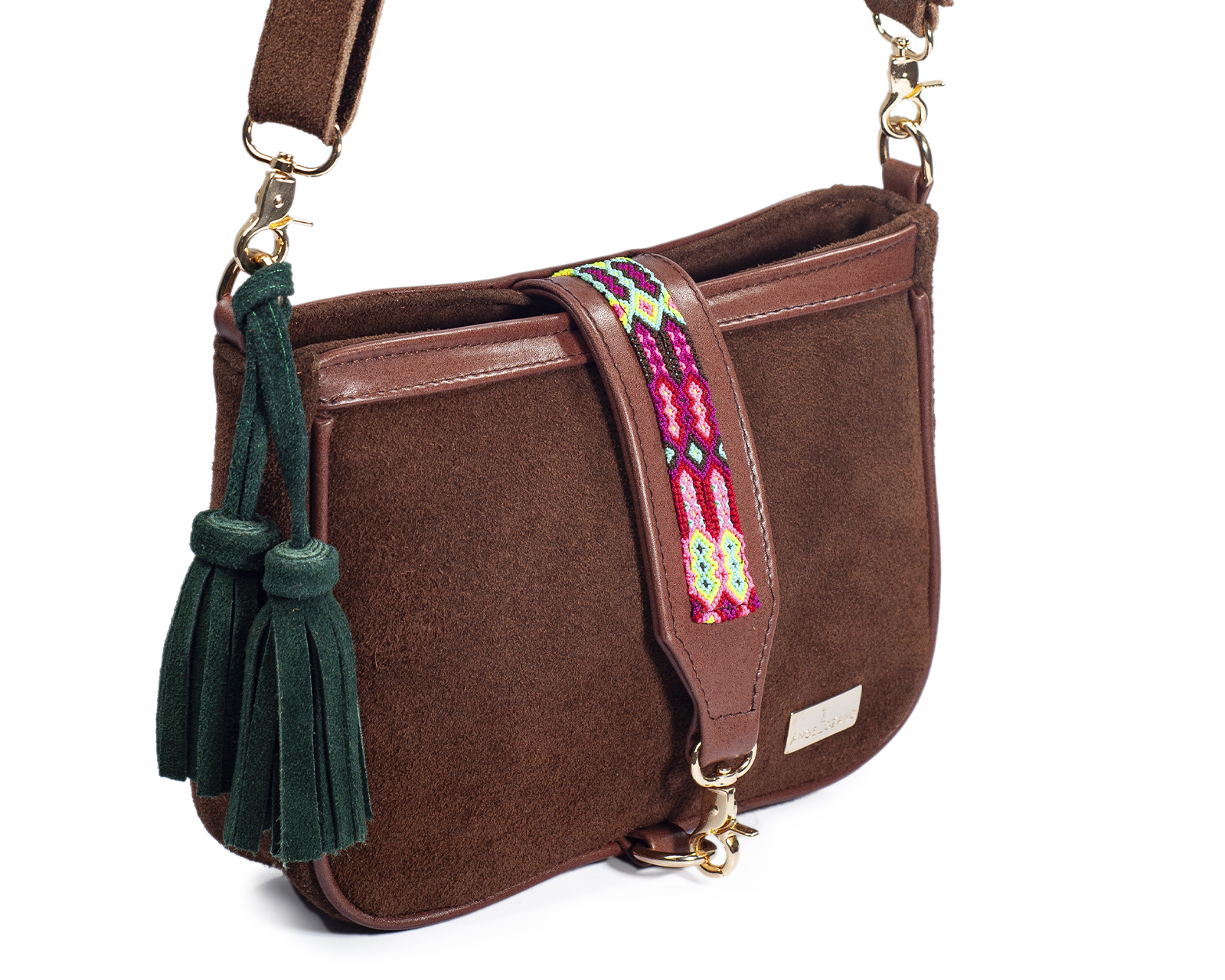 Foto 6 | Bolso Crossbody A Ángelozano De Piel Gamuza Con Pulsera Tejida Artesanal, Color Fucsia, Modelo Eva