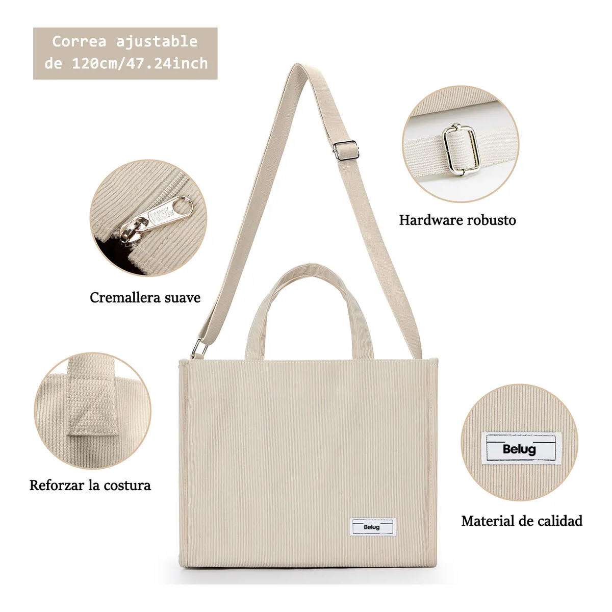 Foto 4 pulgar | Bolso De Moda Belug Cercanías Para Mujer Bolso De Pana Casual Creamy White