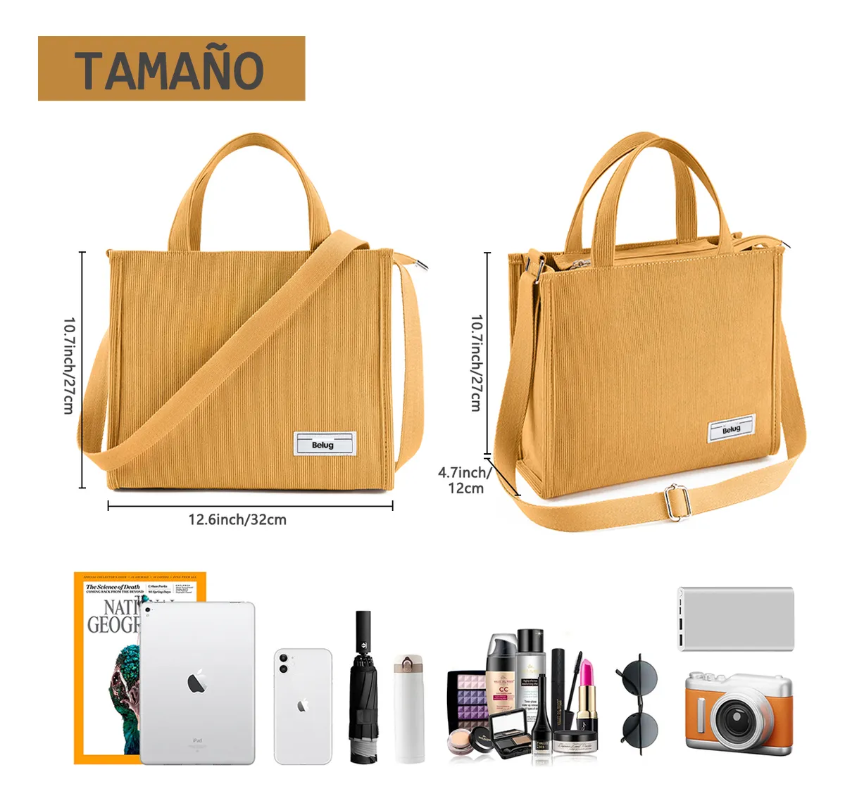 Foto 3 | Bolso De Moda Belug Cercanías Para Mujer Bolso De Pana Casual Amarillo