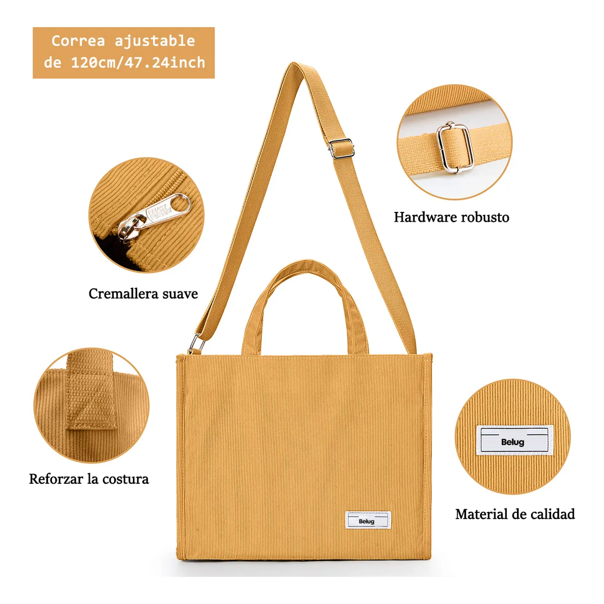 Foto 4 | Bolso De Moda Belug Cercanías Para Mujer Bolso De Pana Casual Amarillo