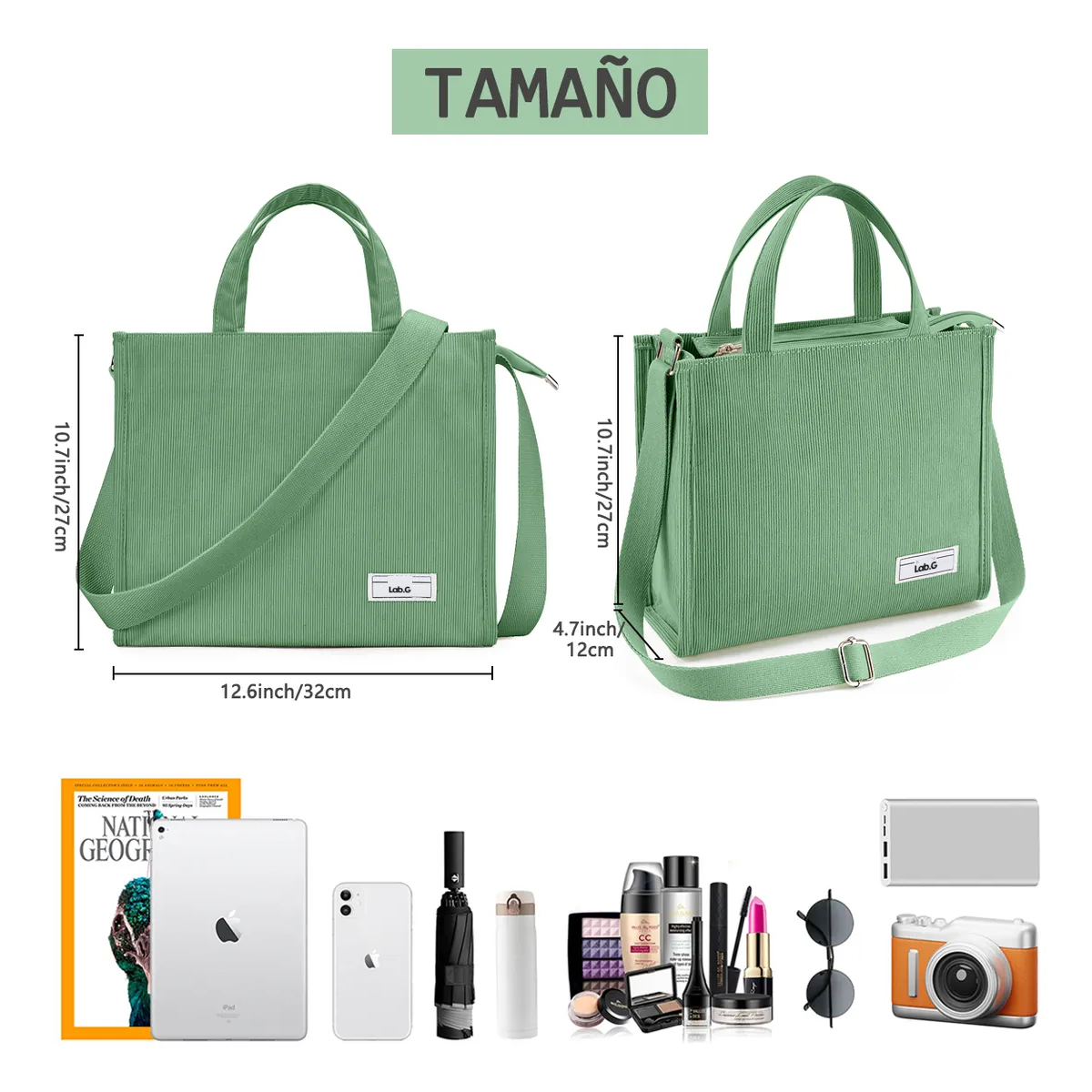 Foto 2 | Bolso Lab.g De Moda Cercanías Para Mujer Bolso De Pana Casual Verde
