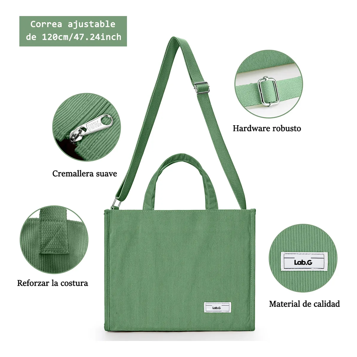 Foto 3 | Bolso Lab.g De Moda Cercanías Para Mujer Bolso De Pana Casual Verde