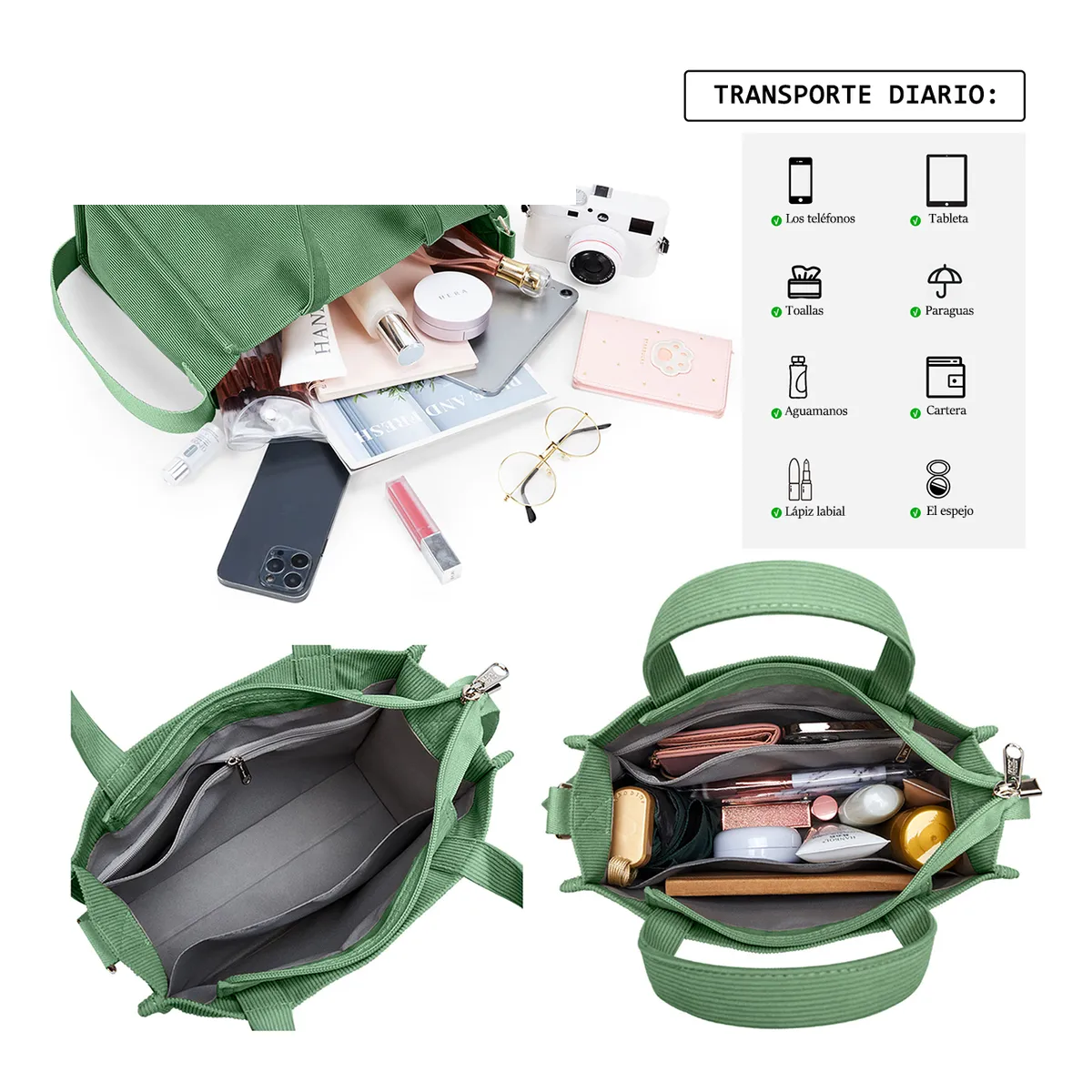 Foto 4 | Bolso Lab.g De Moda Cercanías Para Mujer Bolso De Pana Casual Verde