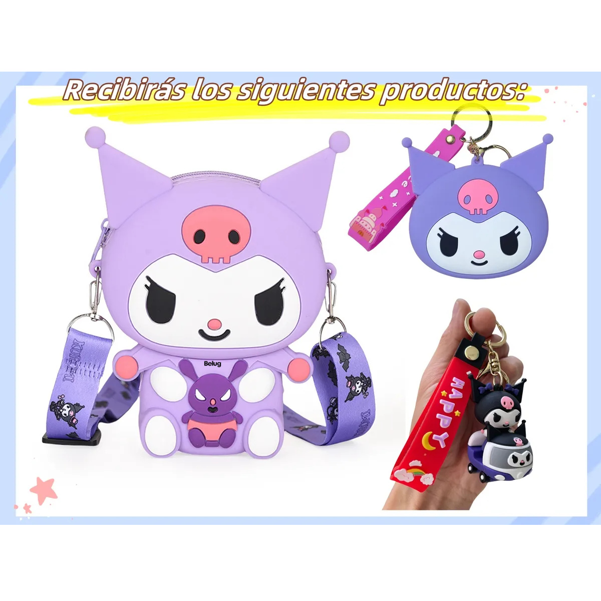 Foto 3 pulgar | Bolsa  Belug Kuromi Monedero Y 2llavero 3pz Morado