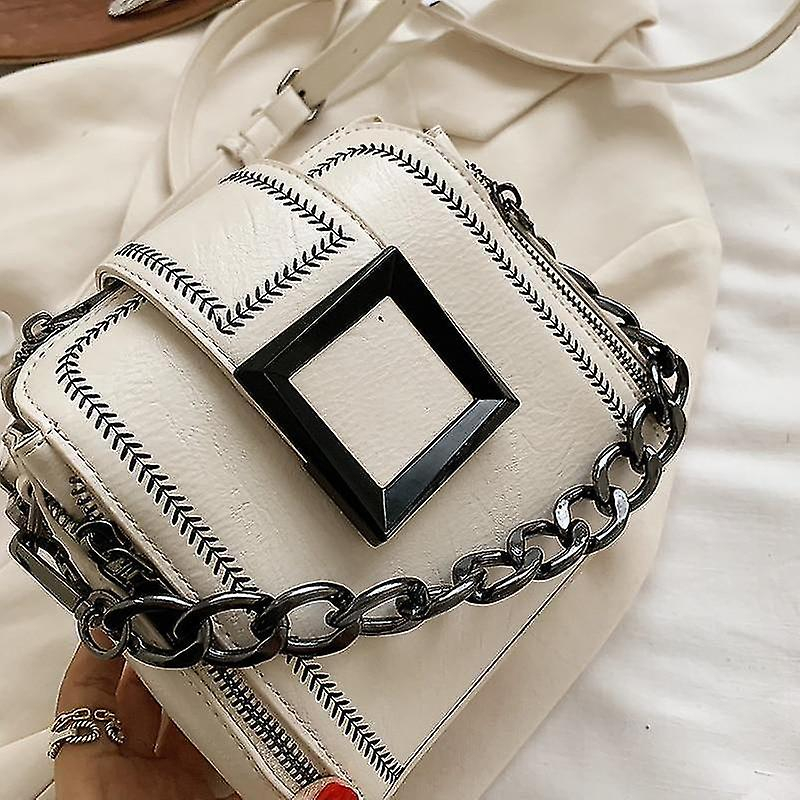 Foto 2 pulgar | Bolso De Mano Huoguo Retro Chains Hasp Bucket De Piel Sintética Blanco - Venta Internacional.