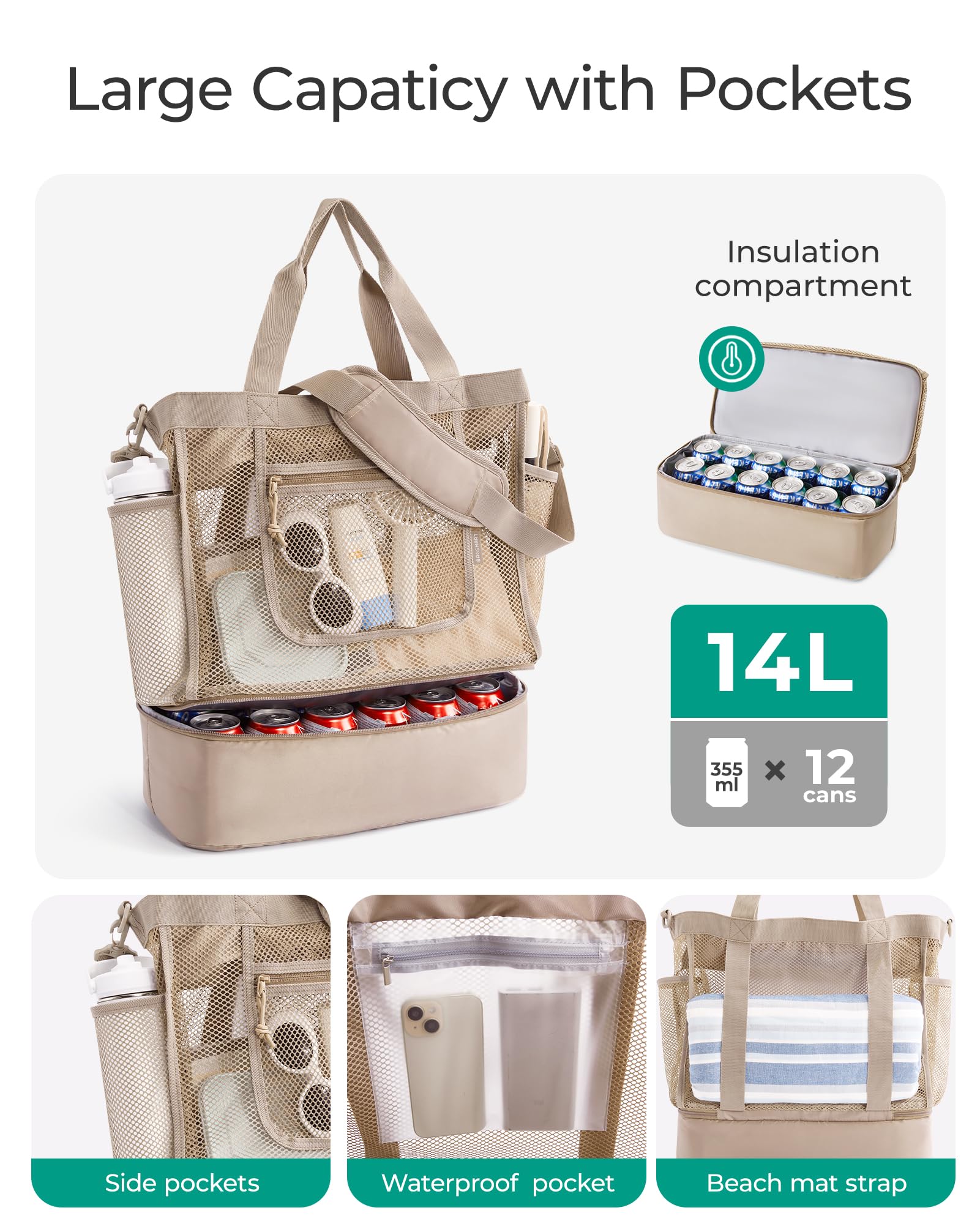Foto 4 | Bolsa De Playa Bagsmart Para Mujer Con Hielera  Resistente A La Arena  Negra - Venta Internacional.