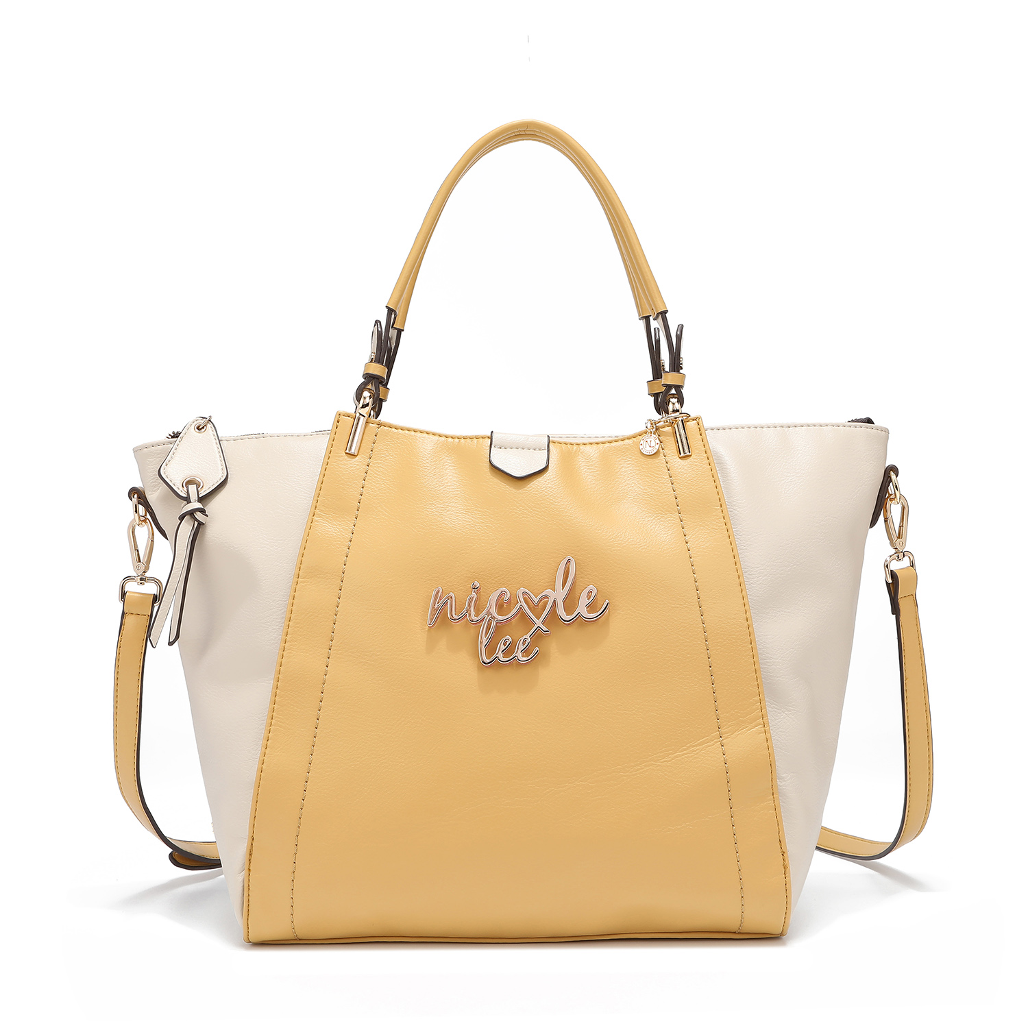 Foto 2 pulgar | Bolsa Satchel Nicole Lee Bicolor con Placa Mustard color Amarillo