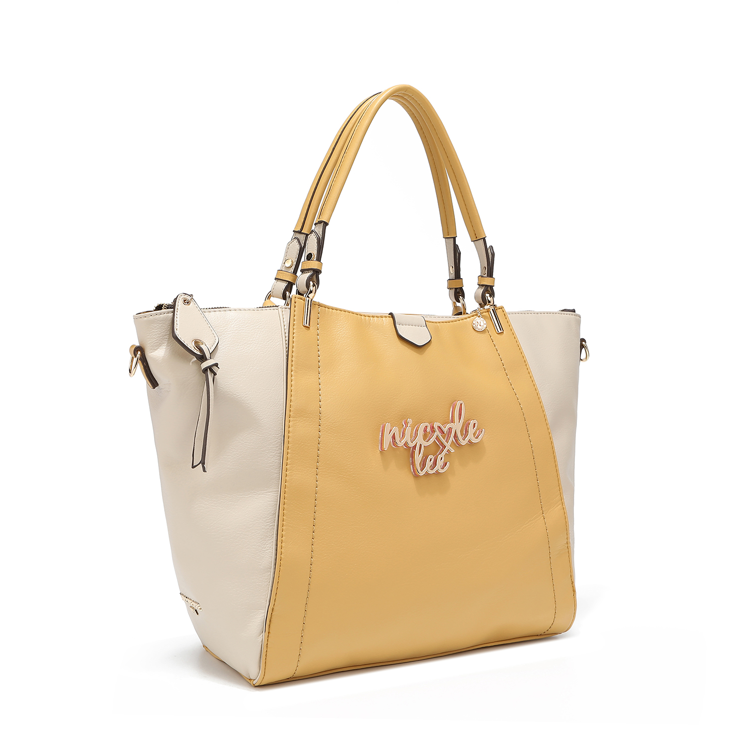 Foto 3 pulgar | Bolsa Satchel Nicole Lee Bicolor con Placa Mustard color Amarillo